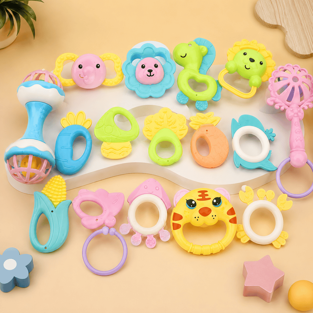 Baby Rattle and Teether Toy Set (18 Pieces) with Storage Box