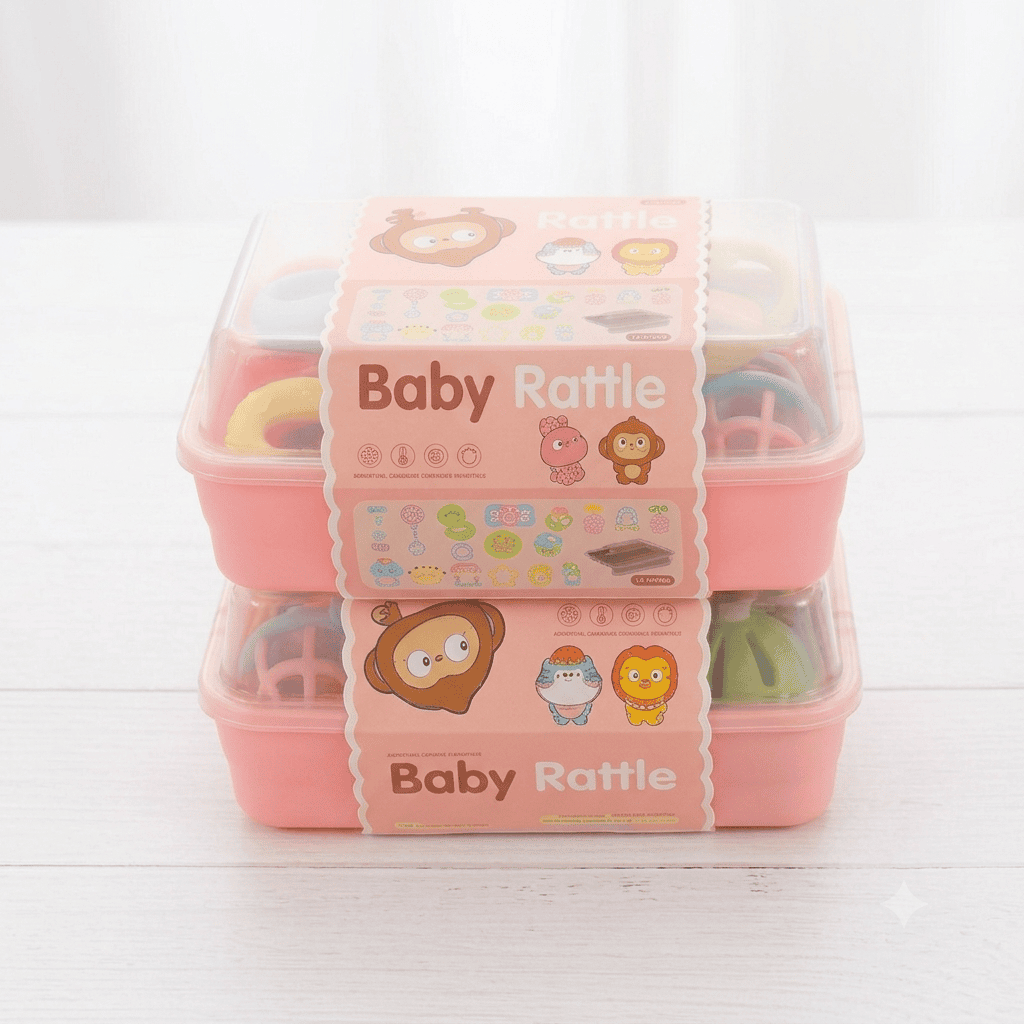 Baby Rattle and Teether Toy Set (18 Pieces) with Storage Box Pink