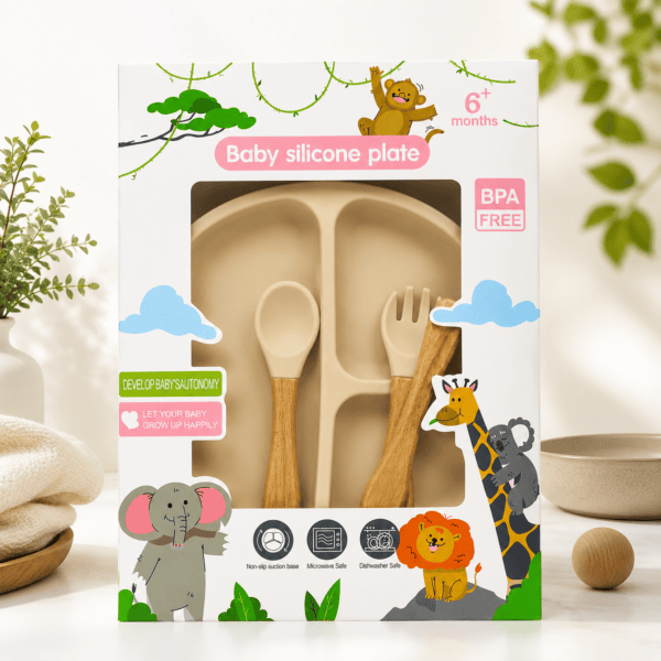 Baby Silicone Feeding Plate Set - Beige (BPA Free) 06+ Months