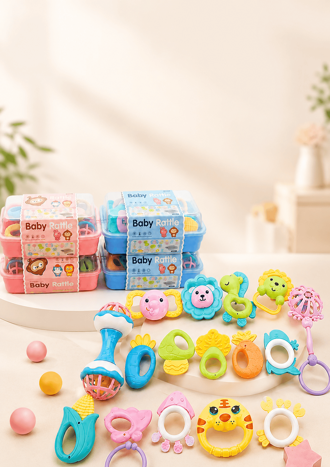 Baby Rattle and Teether Toy Set (18 Pieces) with Storage Box